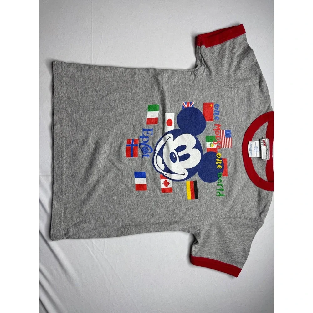 Walt Disney World Epcot Mickey Mouse One Mouse One World Gray Ringer Tee Kids S